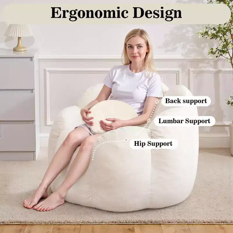 Poltrona sacco in velluto a forma di fiore beige e grigio, 1 posto