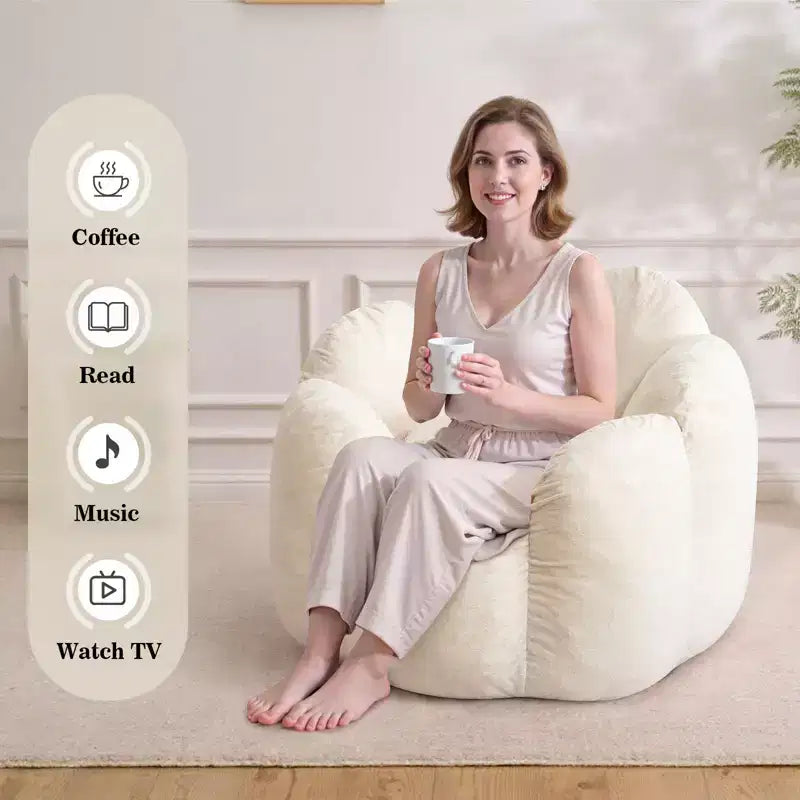 Poltrona sacco in velluto a forma di fiore beige e grigio, 1 posto