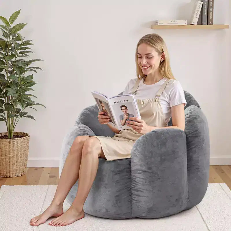 Poltrona sacco in velluto a forma di fiore beige e grigio, 1 posto
