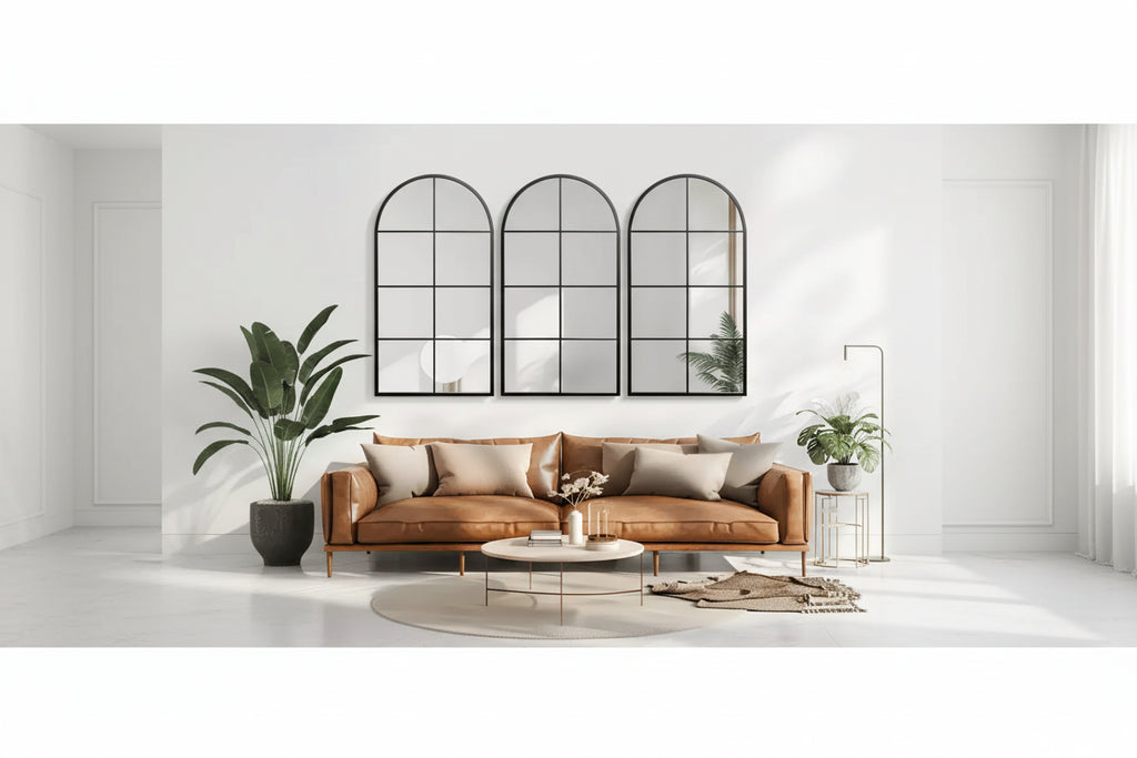 Specchio da parete in ferro ad arco nero, 140 cm A × 69 cm L, singolo