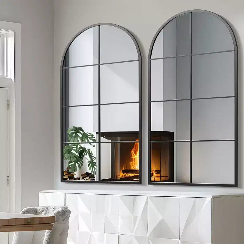 Specchio da parete in ferro ad arco nero, 140 cm A × 69 cm L, singolo