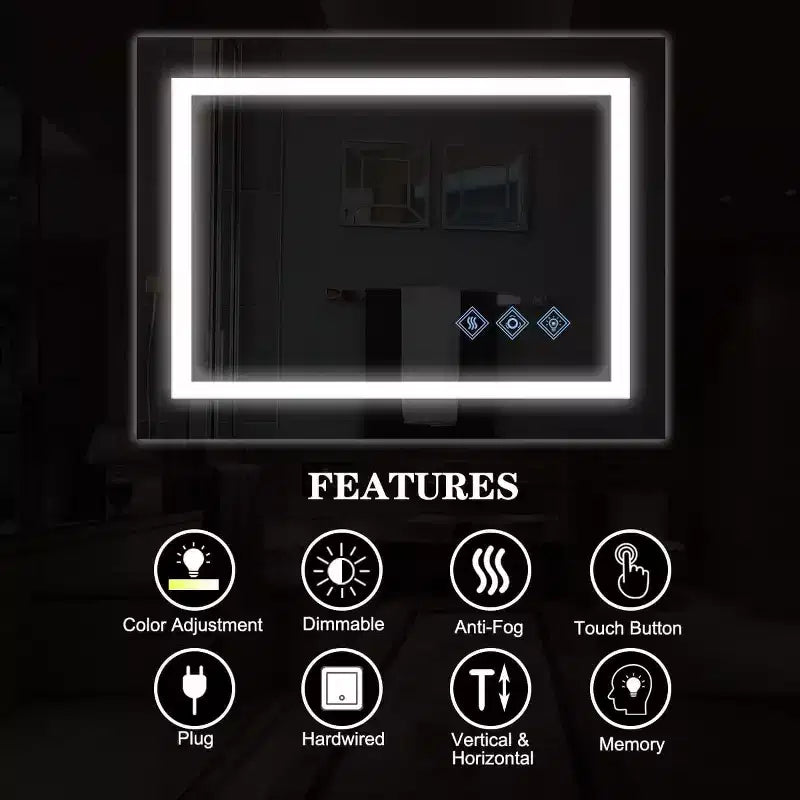 Specchio da bagno rettangolare argento, da parete, 1 persona, 81 x 61 cm, dimmer touch, anti-appannamento, IP54