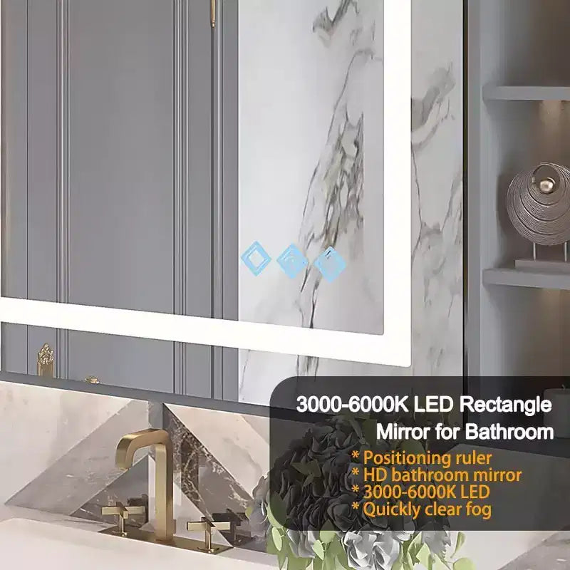 Specchio da bagno rettangolare argento, da parete, 1 persona, 81 x 61 cm, dimmer touch, anti-appannamento, IP54
