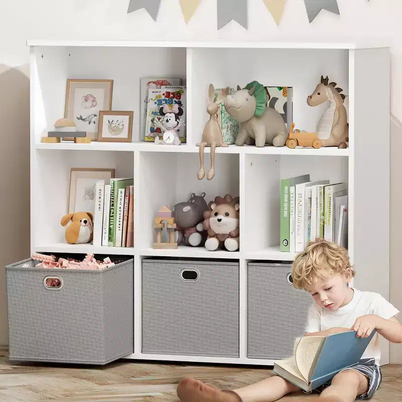 Libreria e contenitore giocattoli per bambini beige/grigio, scaffale a 3 livelli con scomparti e cassetti, utilizzo individuale