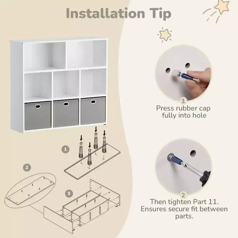 Libreria e contenitore giocattoli per bambini beige/grigio, scaffale a 3 livelli con scomparti e cassetti, utilizzo individuale