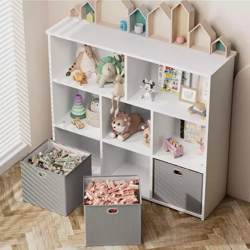Libreria e contenitore giocattoli per bambini beige/grigio, scaffale a 3 livelli con scomparti e cassetti, utilizzo individuale