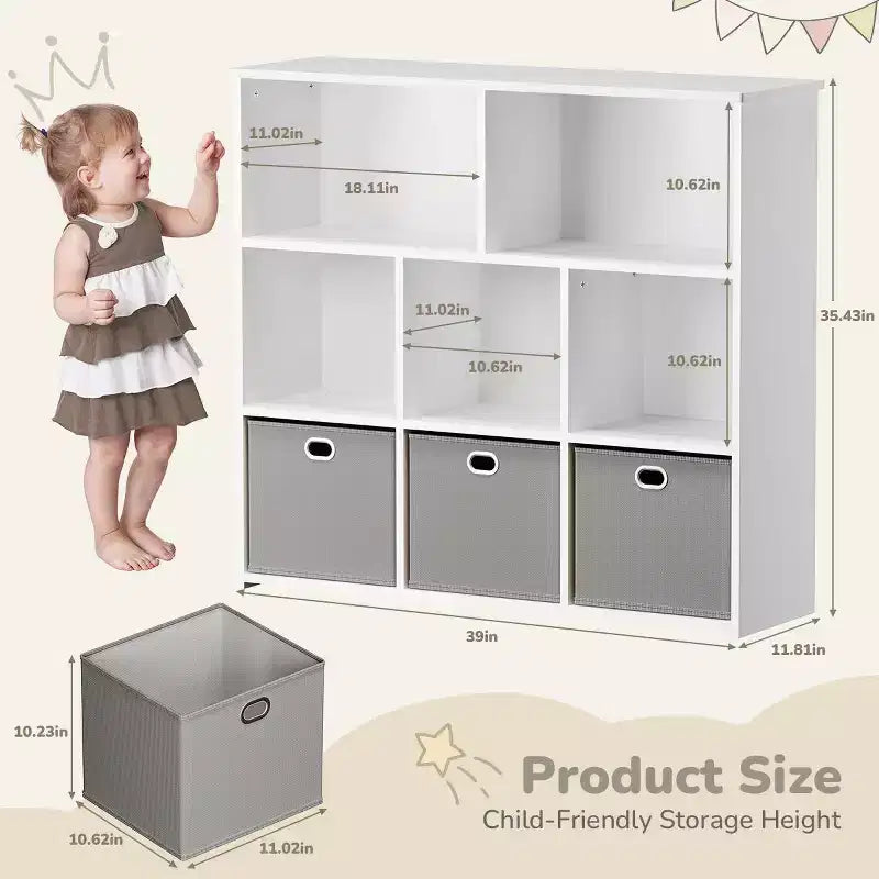 Libreria e contenitore giocattoli per bambini beige/grigio, scaffale a 3 livelli con scomparti e cassetti, utilizzo individuale