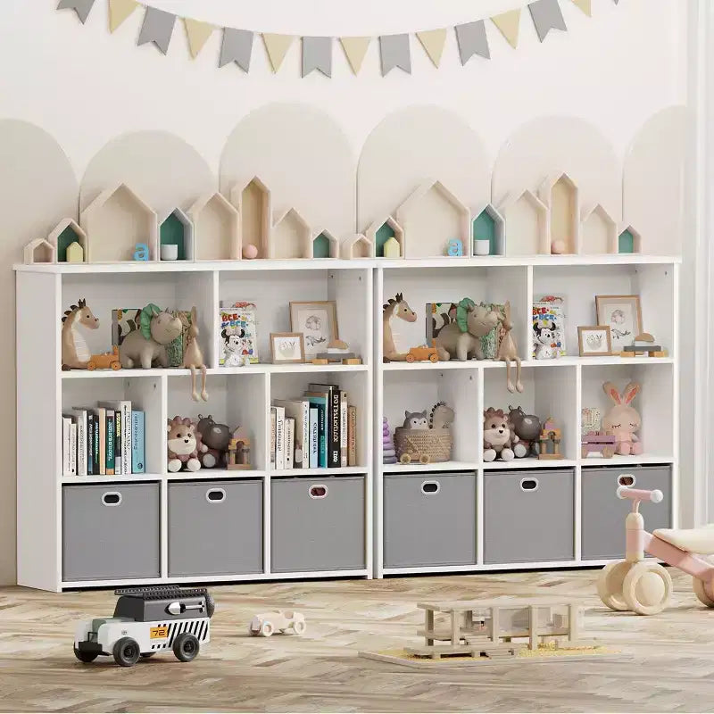 Libreria e contenitore giocattoli per bambini beige/grigio, scaffale a 3 livelli con scomparti e cassetti, utilizzo individuale