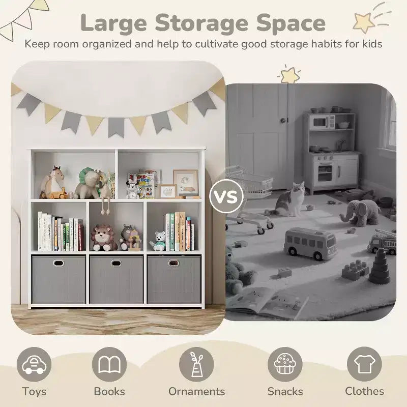 Libreria e contenitore giocattoli per bambini beige/grigio, scaffale a 3 livelli con scomparti e cassetti, utilizzo individuale
