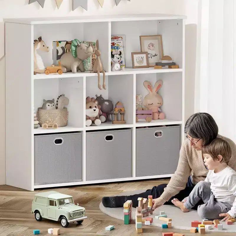 Libreria e contenitore giocattoli per bambini beige/grigio, scaffale a 3 livelli con scomparti e cassetti, utilizzo individuale