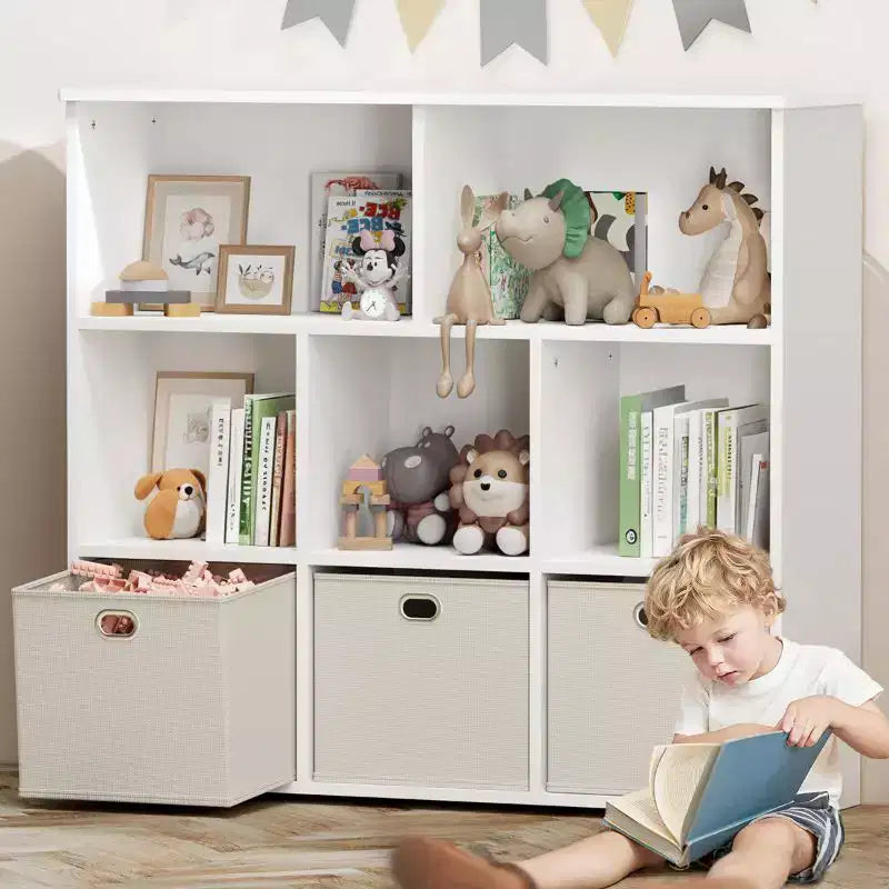 Libreria e contenitore giocattoli per bambini beige/grigio, scaffale a 3 livelli con scomparti e cassetti, utilizzo individuale