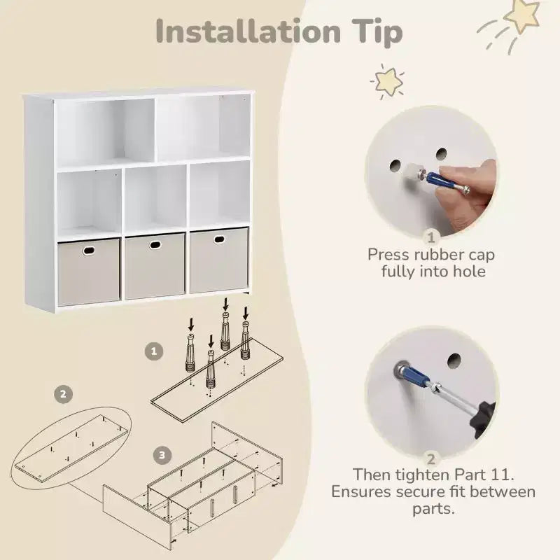 Libreria e contenitore giocattoli per bambini beige/grigio, scaffale a 3 livelli con scomparti e cassetti, utilizzo individuale