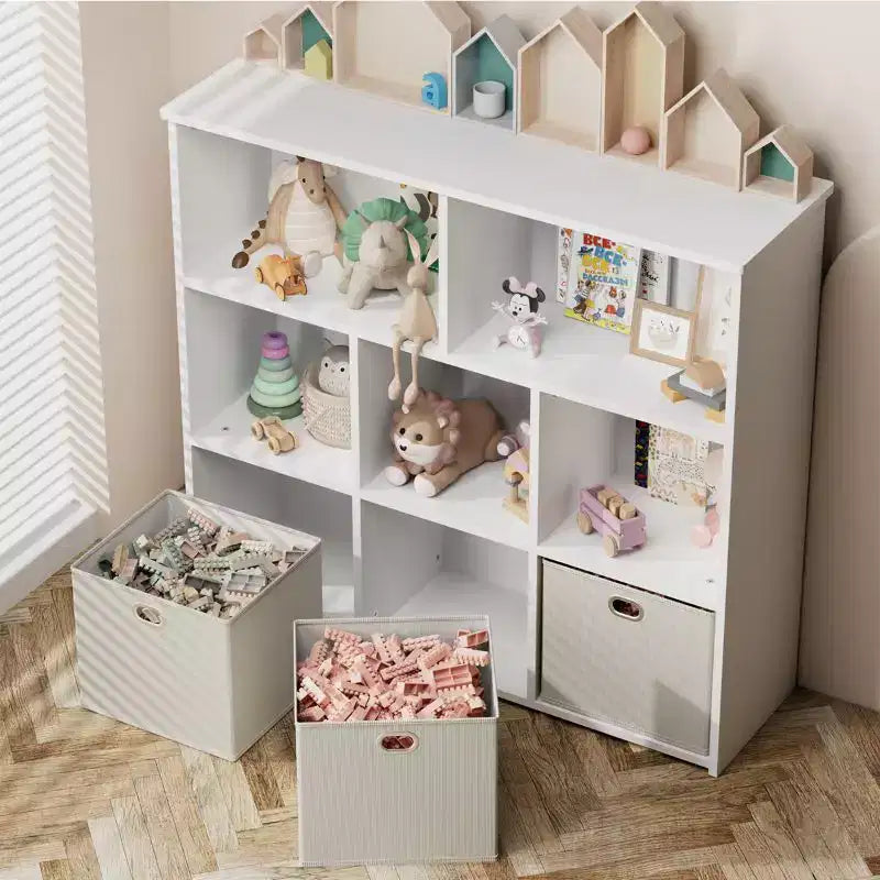 Libreria e contenitore giocattoli per bambini beige/grigio, scaffale a 3 livelli con scomparti e cassetti, utilizzo individuale
