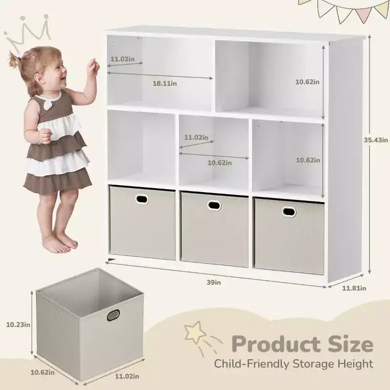 Libreria e contenitore giocattoli per bambini beige/grigio, scaffale a 3 livelli con scomparti e cassetti, utilizzo individuale