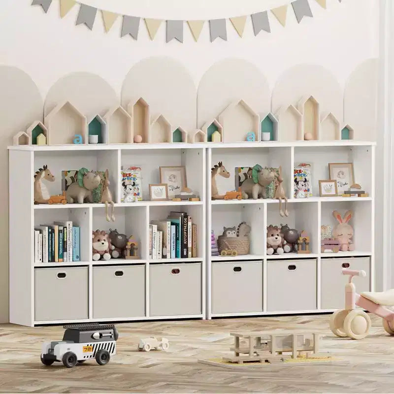 Libreria e contenitore giocattoli per bambini beige/grigio, scaffale a 3 livelli con scomparti e cassetti, utilizzo individuale