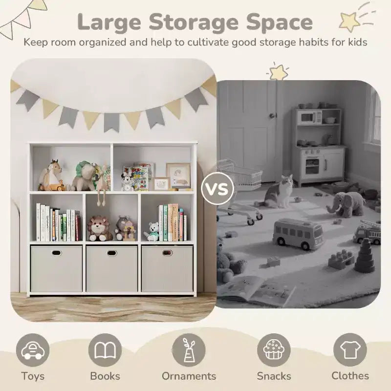 Libreria e contenitore giocattoli per bambini beige/grigio, scaffale a 3 livelli con scomparti e cassetti, utilizzo individuale