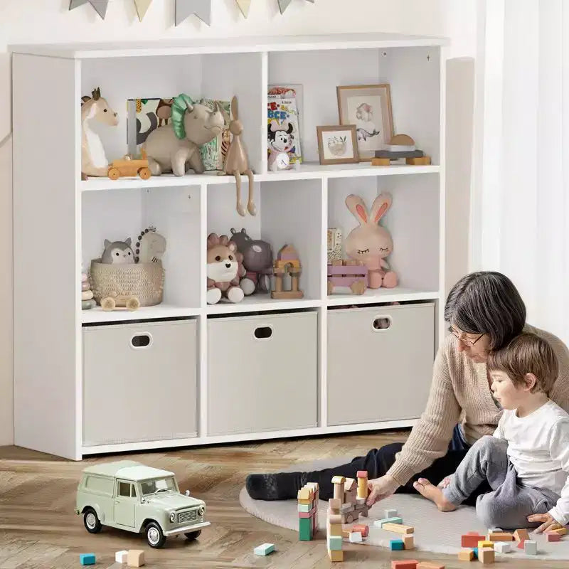 Libreria e contenitore giocattoli per bambini beige/grigio, scaffale a 3 livelli con scomparti e cassetti, utilizzo individuale