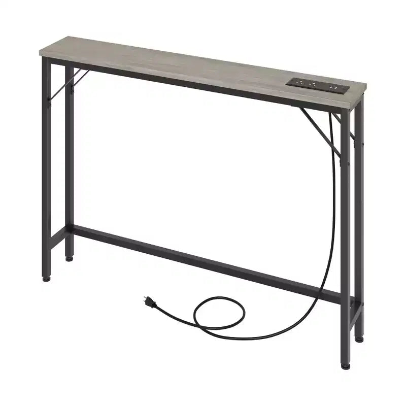 Tavolino consolle stretto grigio con prese elettriche, metallo e MDF, stile divano/ingresso