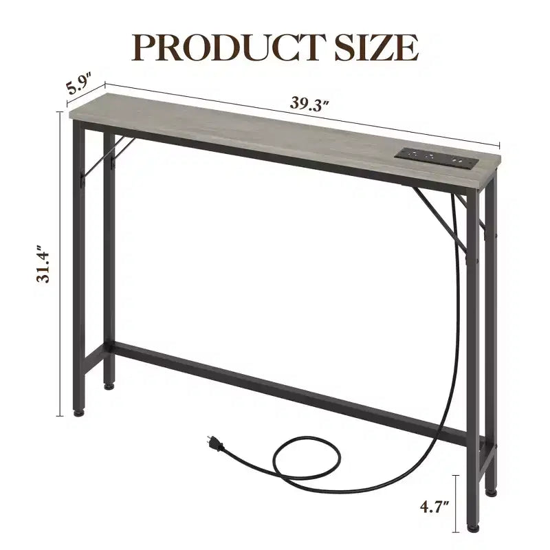 Tavolino consolle stretto grigio con prese elettriche, metallo e MDF, stile divano/ingresso