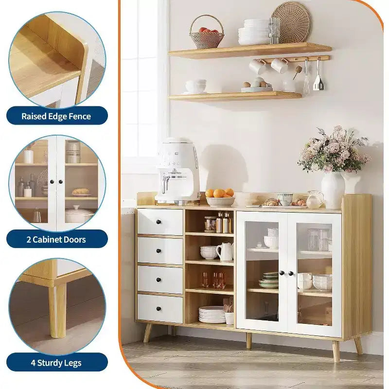 Credenza in noce/legno color legno con ante in vetro, cassetti e ripiani regolabili