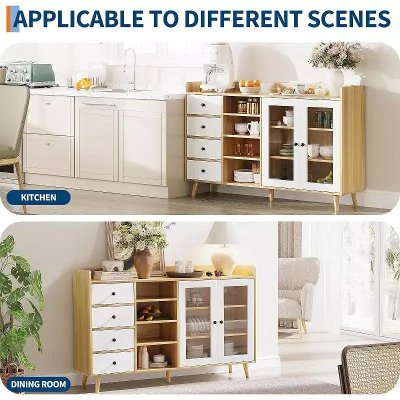 Credenza in noce/legno color legno con ante in vetro, cassetti e ripiani regolabili