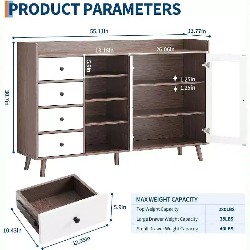 Credenza in noce/legno color legno con ante in vetro, cassetti e ripiani regolabili