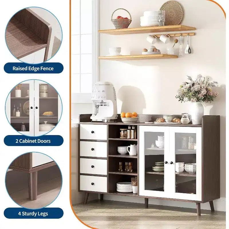 Credenza in noce/legno color legno con ante in vetro, cassetti e ripiani regolabili