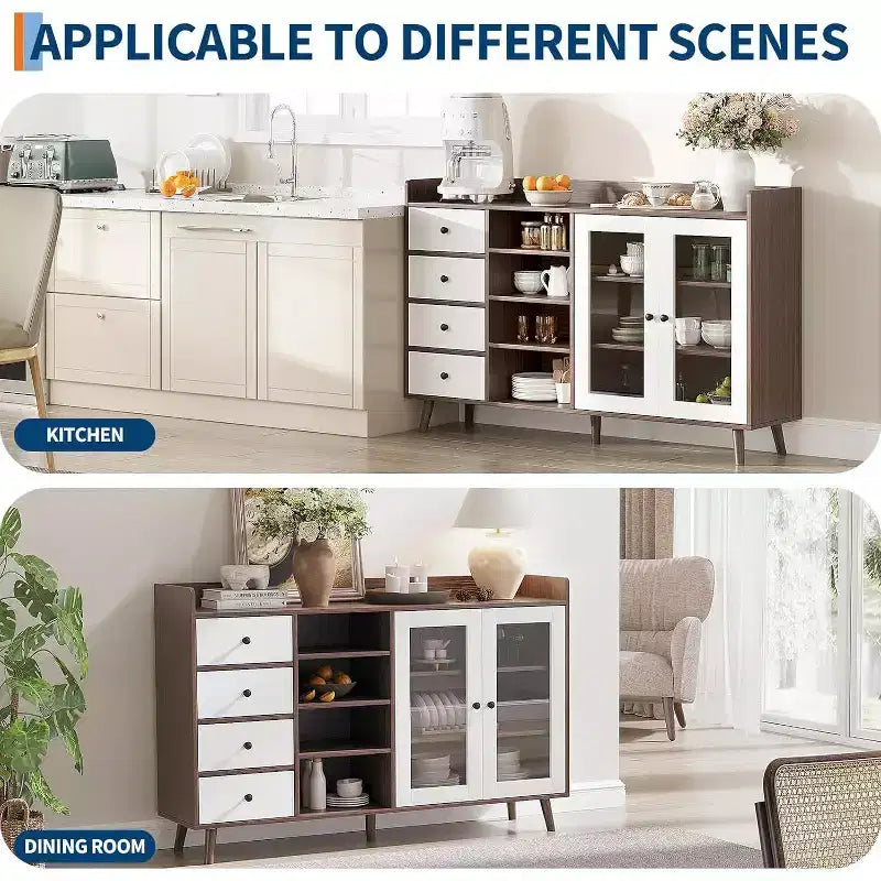 Credenza in noce/legno color legno con ante in vetro, cassetti e ripiani regolabili