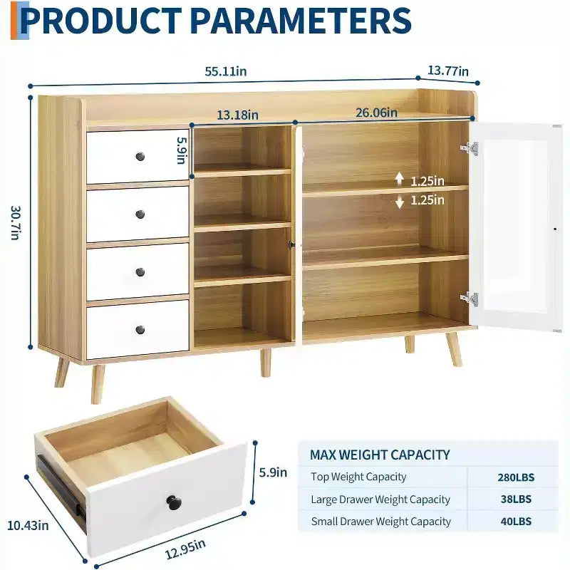 Credenza in noce/legno color legno con ante in vetro, cassetti e ripiani regolabili