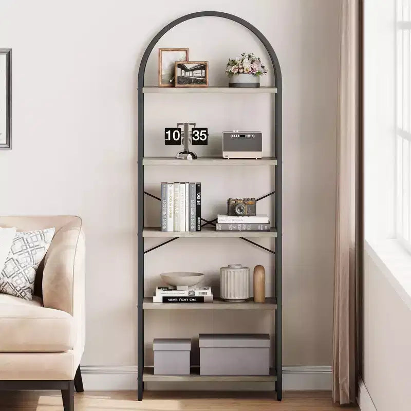 Libreria a 5 Ripiani ad Arco, Scaffale a Giorno – Nero / Grigio / Vintage / Bianco