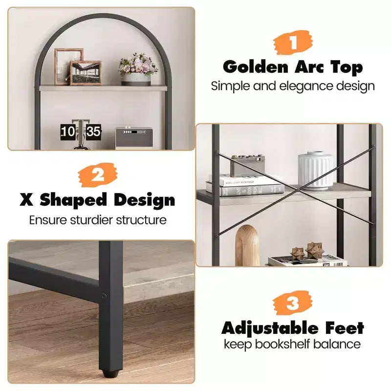 Libreria a 5 Ripiani ad Arco, Scaffale a Giorno – Nero / Grigio / Vintage / Bianco