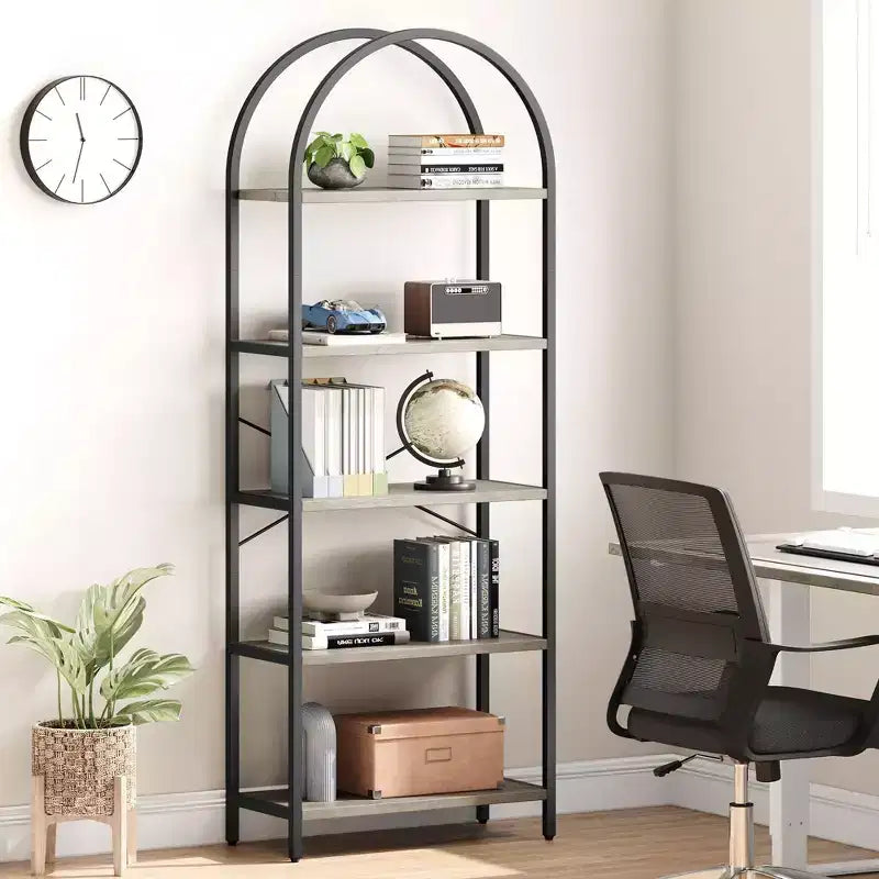 Libreria a 5 Ripiani ad Arco, Scaffale a Giorno – Nero / Grigio / Vintage / Bianco