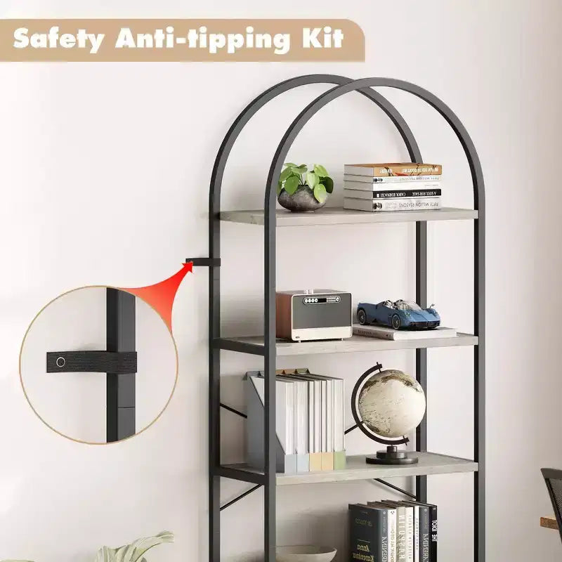 Libreria a 5 Ripiani ad Arco, Scaffale a Giorno – Nero / Grigio / Vintage / Bianco
