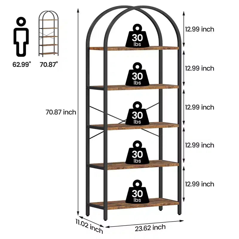 Libreria a 5 Ripiani ad Arco, Scaffale a Giorno – Nero / Grigio / Vintage / Bianco