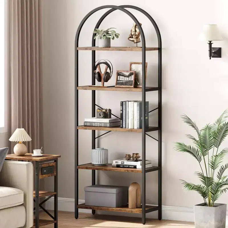 Libreria a 5 Ripiani ad Arco, Scaffale a Giorno – Nero / Grigio / Vintage / Bianco