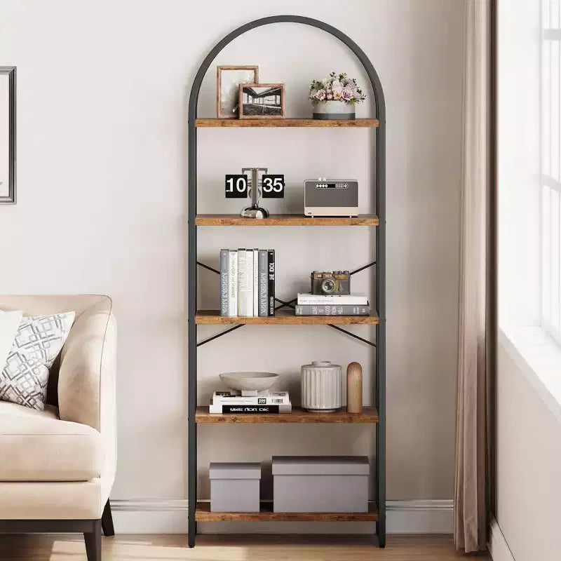 Libreria a 5 Ripiani ad Arco, Scaffale a Giorno – Nero / Grigio / Vintage / Bianco