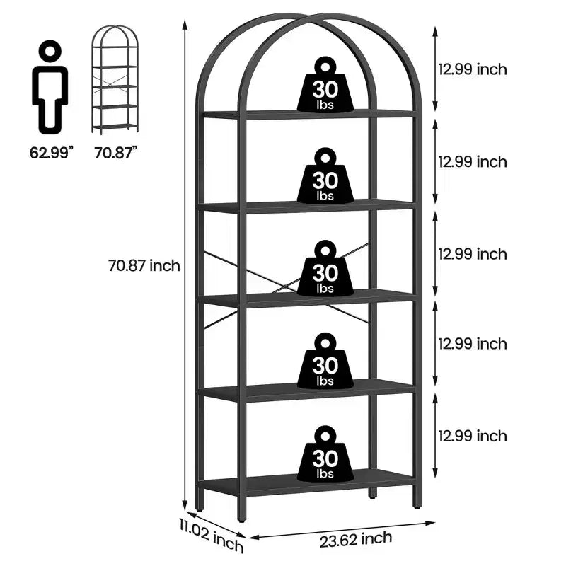 Libreria a 5 Ripiani ad Arco, Scaffale a Giorno – Nero / Grigio / Vintage / Bianco