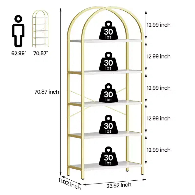 Libreria a 5 Ripiani ad Arco, Scaffale a Giorno – Nero / Grigio / Vintage / Bianco