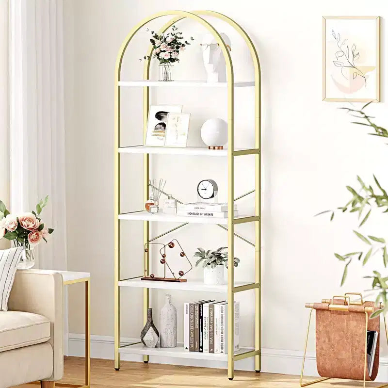 Libreria a 5 Ripiani ad Arco, Scaffale a Giorno – Nero / Grigio / Vintage / Bianco