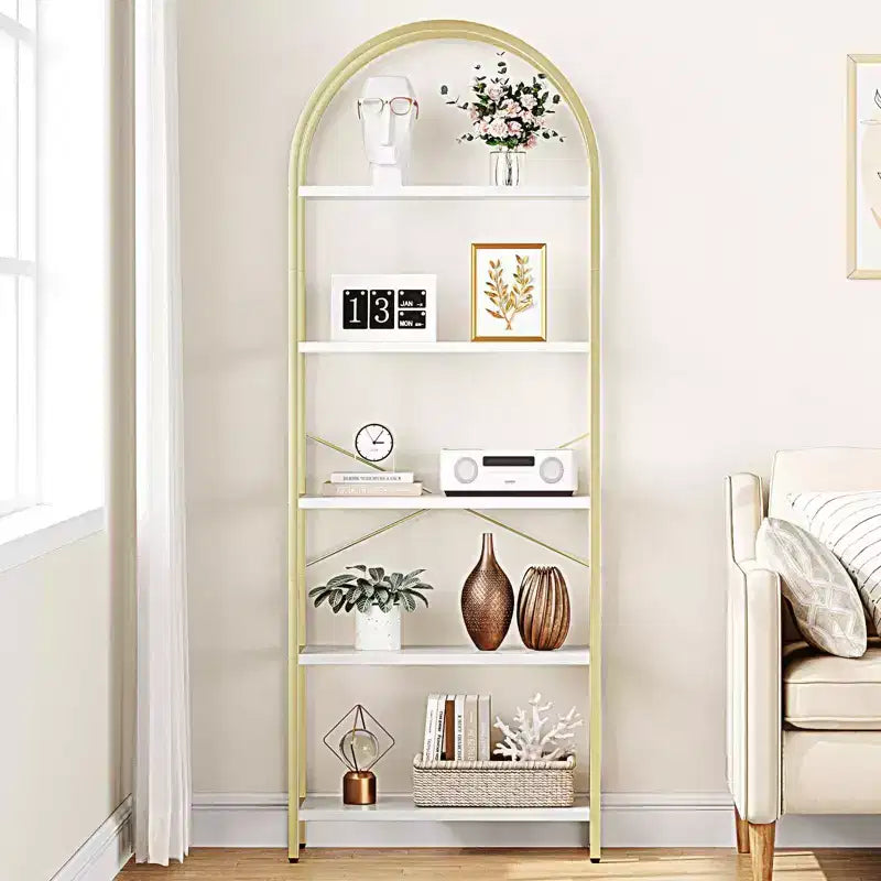Libreria a 5 Ripiani ad Arco, Scaffale a Giorno – Nero / Grigio / Vintage / Bianco