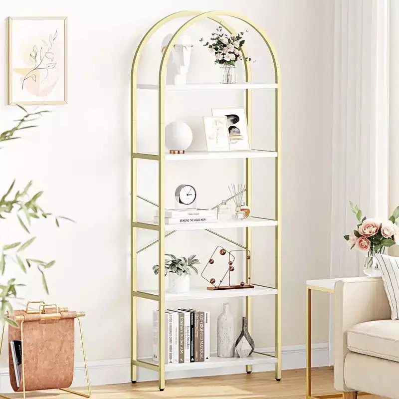 Libreria a 5 Ripiani ad Arco, Scaffale a Giorno – Nero / Grigio / Vintage / Bianco