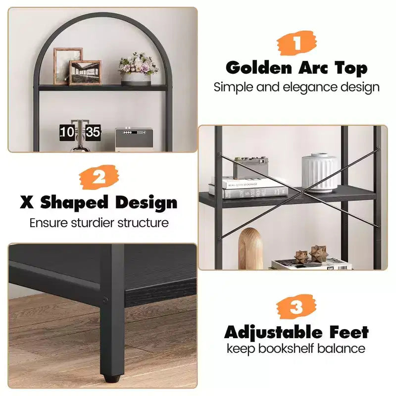 Libreria a 5 Ripiani ad Arco, Scaffale a Giorno – Nero / Grigio / Vintage / Bianco
