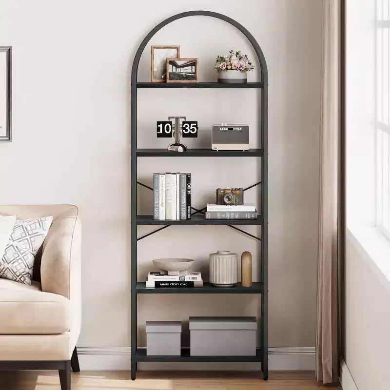 Libreria a 5 Ripiani ad Arco, Scaffale a Giorno – Nero / Grigio / Vintage / Bianco