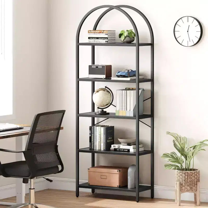 Libreria a 5 Ripiani ad Arco, Scaffale a Giorno – Nero / Grigio / Vintage / Bianco