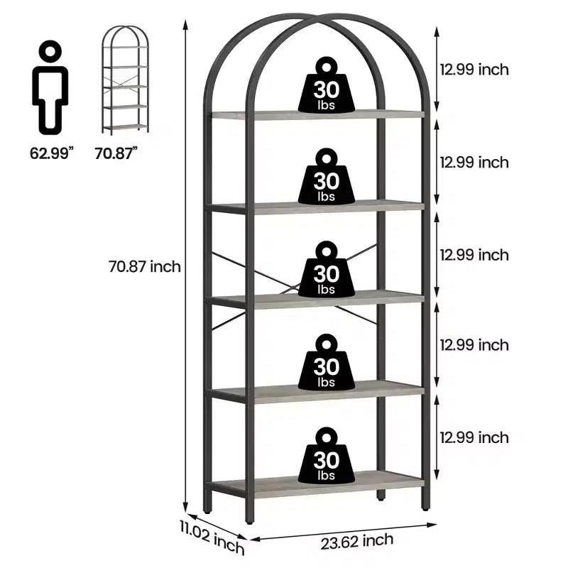 Libreria a 5 Ripiani ad Arco, Scaffale a Giorno – Nero / Grigio / Vintage / Bianco
