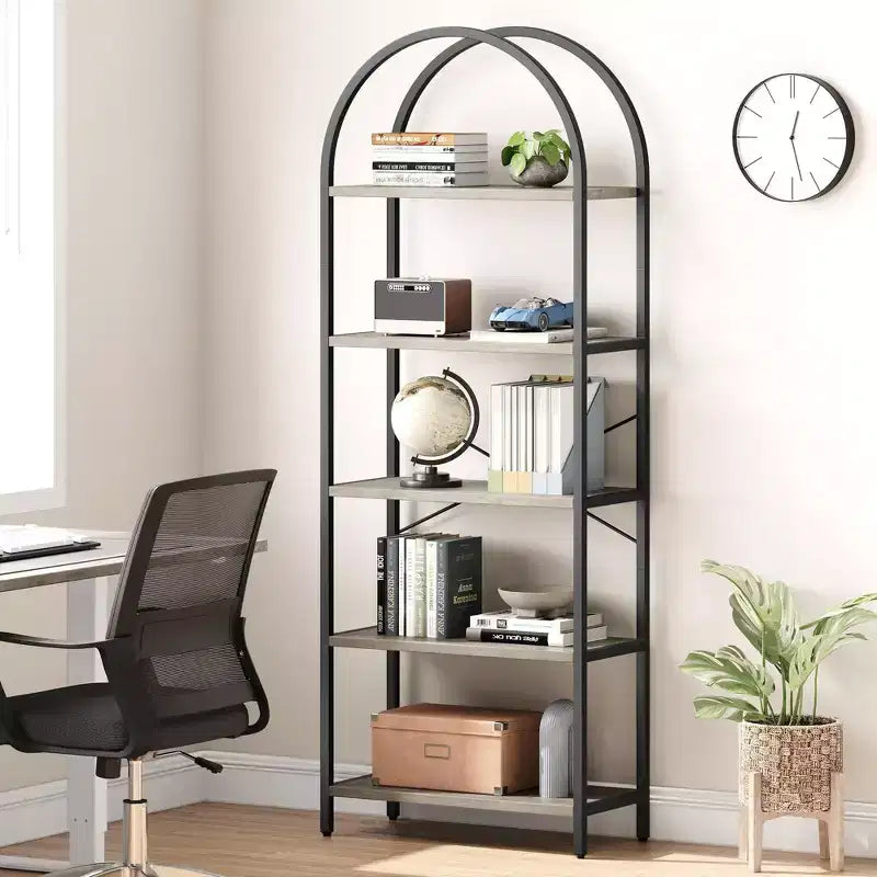 Libreria a 5 Ripiani ad Arco, Scaffale a Giorno – Nero / Grigio / Vintage / Bianco