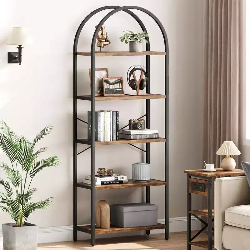 Libreria a 5 Ripiani ad Arco, Scaffale a Giorno – Nero / Grigio / Vintage / Bianco