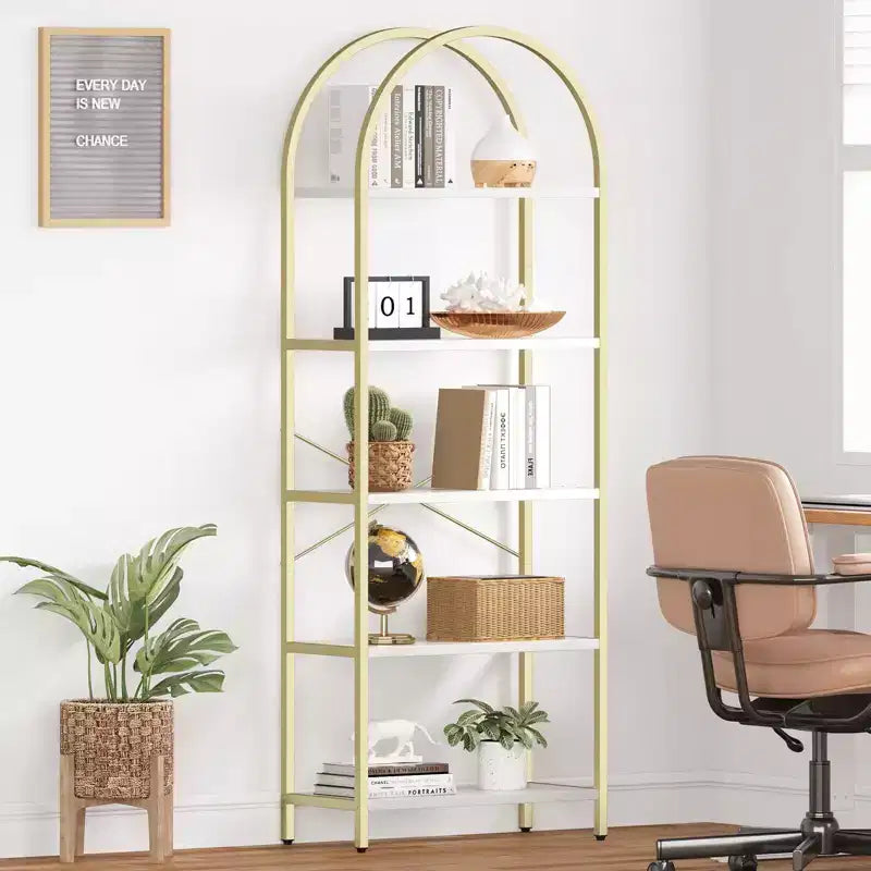Libreria a 5 Ripiani ad Arco, Scaffale a Giorno – Nero / Grigio / Vintage / Bianco