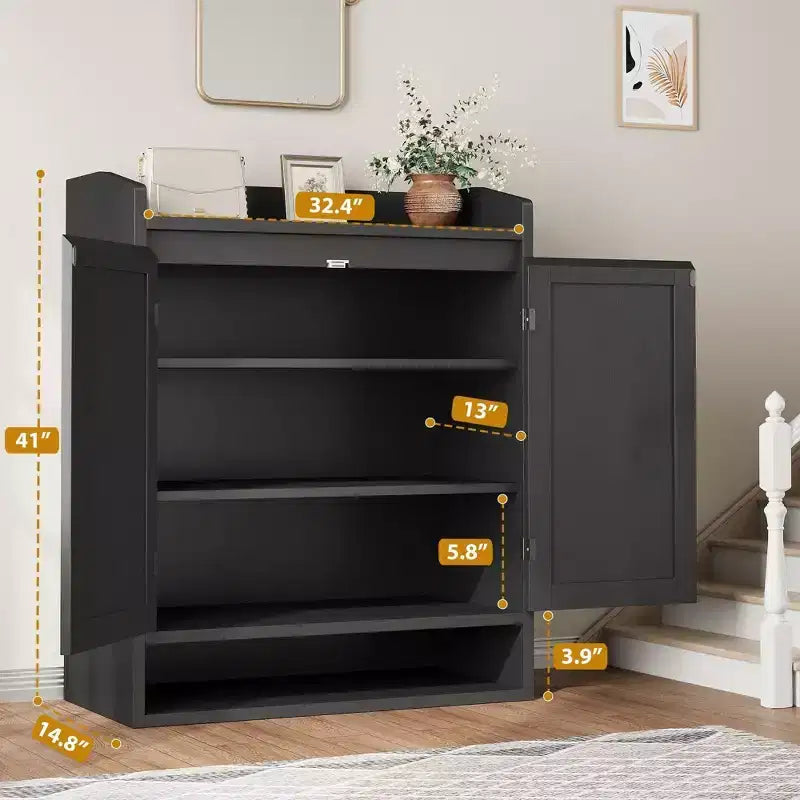 Armadietto portascarpe chiuso in rattan nero e rovere, 24 paia, autoportante