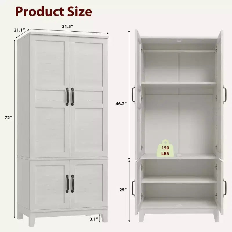 Armadio a 4 ante freestanding con appendiabiti, bianco rustico / noce, altezza 72", 1 persona